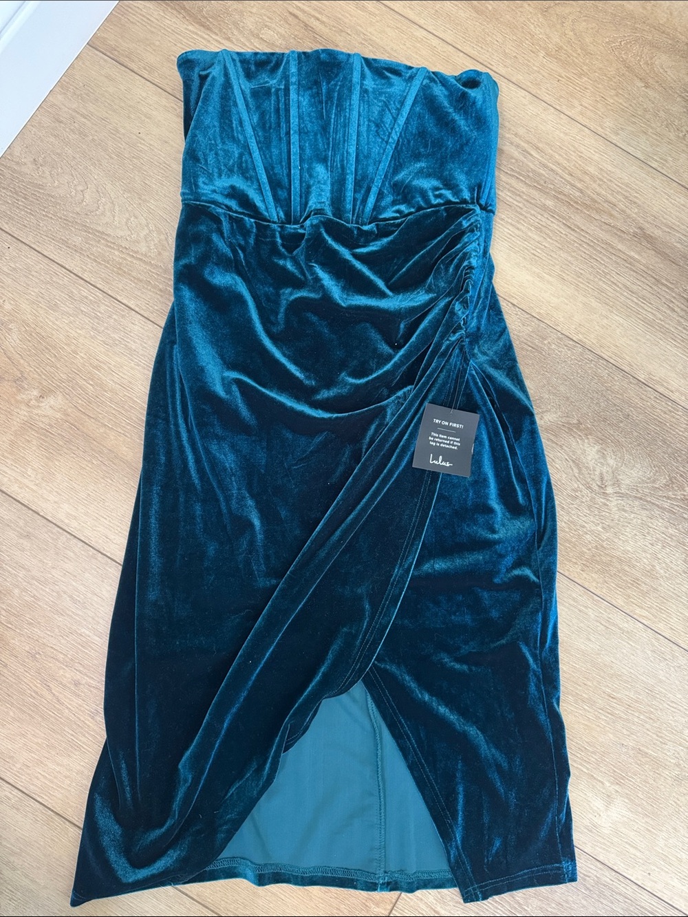 Lulu's Teal Velvet Strapless Wrap Midi Dress